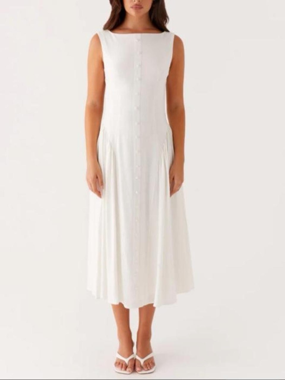 White Sleeveless Button-Front Midi Dress